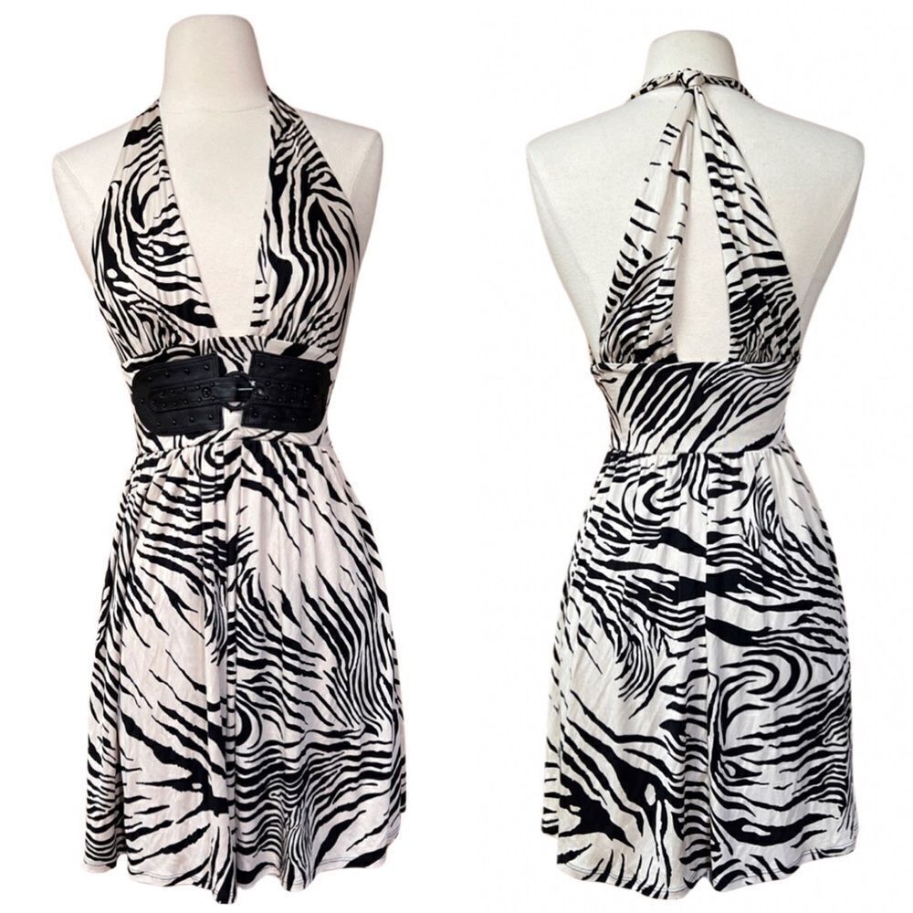 Vintage Peak 90s Y2K Marciano 100% SILK Tiger Zebra Stripe Buckle Babydoll Dress